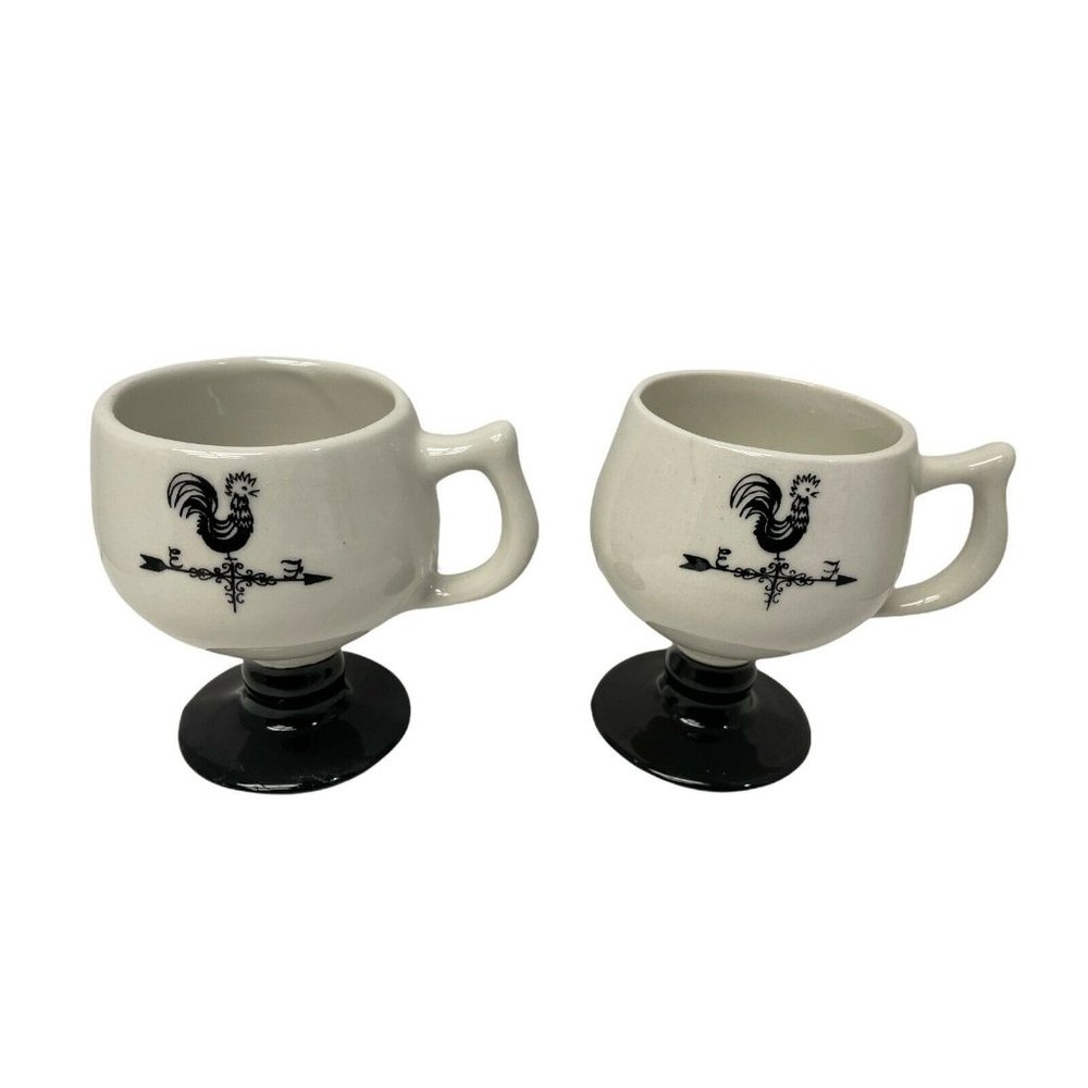 Farmhouse Rooster Mugs  Weather Vane Footed Black‎ Base 4 1/2" x 4 1/2" Set of 2